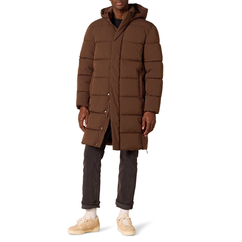 Amazon Essentials Men's Hooded Long Puffer Coat, Deep Brown, S