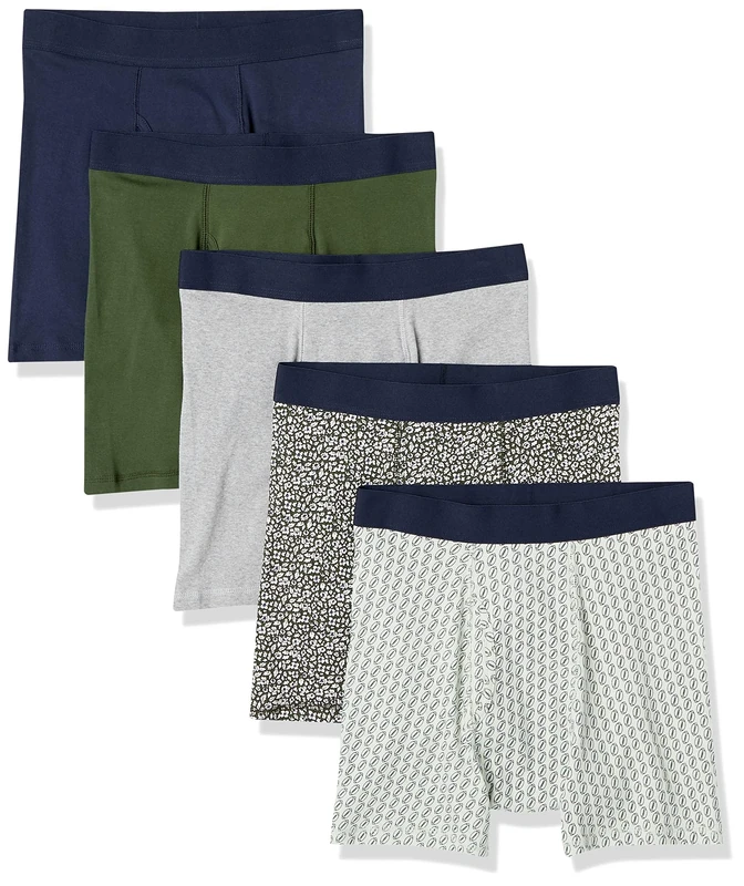 Amazon Essentials Men's Underwear Boxer Briefs, Comfortable Cotton, Tag-Free, Pack of 5, Green Floral/Grey Heather/Navy/Olive/Rugby Print, 3X-Large