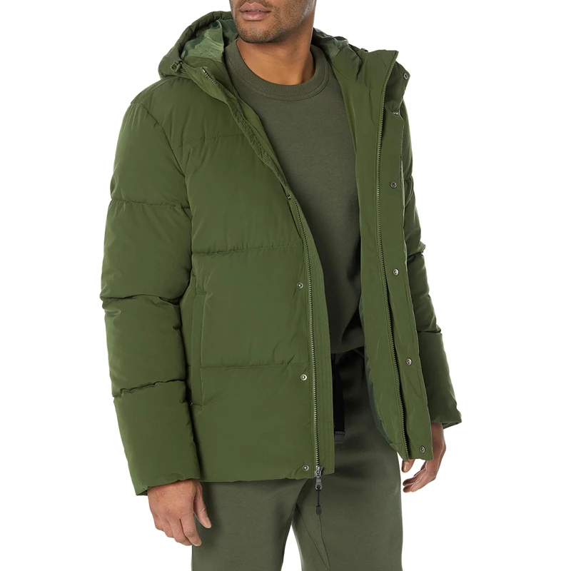 Amazon Essentials Men's Mid-Length Hooded Puffer Coat (Available in Big & Tall), Dark Olive, X-Large