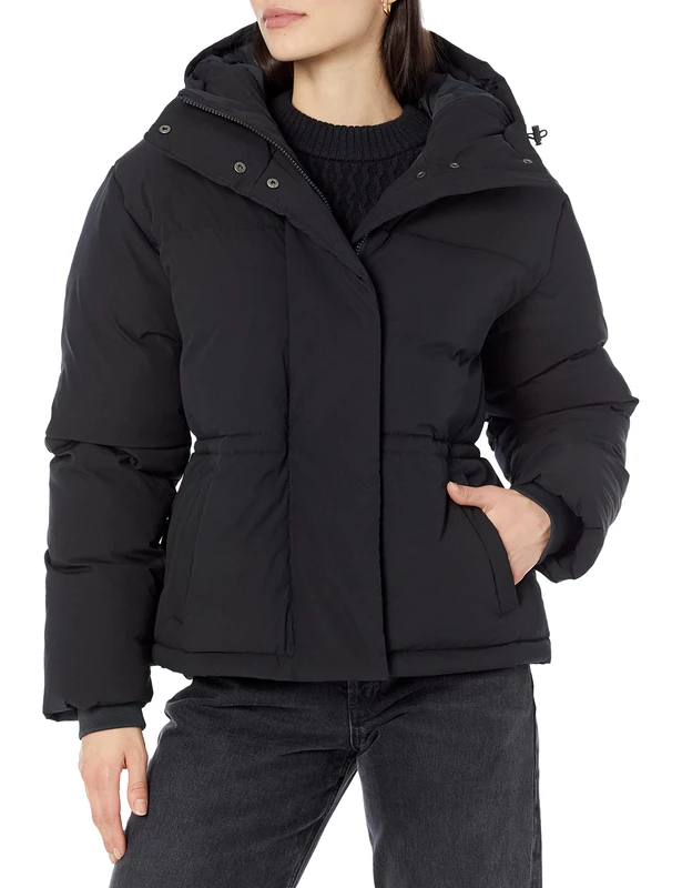 Amazon Essentials Women's Short Waisted Hooded Puffer Jacket (Available in Plus Size), Black, L
