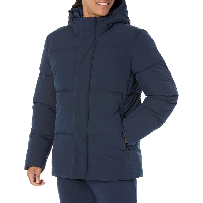 Amazon Essentials Men's Mid-Length Hooded Puffer Coat (Available in Big & Tall), Navy, L