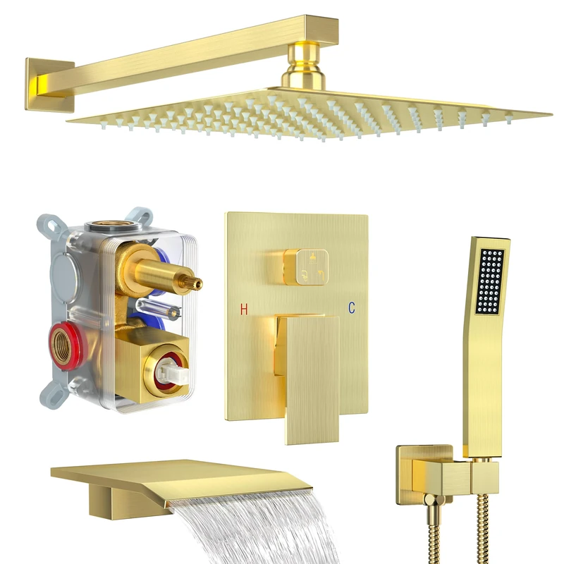 Fatspas Gold Shower System with Rain Handheld, Wall Mounted Mixer & High Pressure Shower Head & 3 Way Valve Kit
