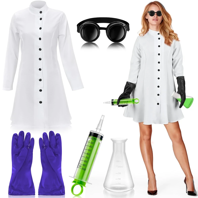 Jiuguva 5 Pcs Women's Mad Scientist Costume for Adult Halloween Party Costume, Black, Large