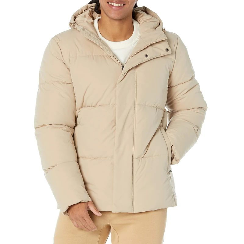 Amazon Essentials Men's Mid-Length Hooded Puffer Coat (Available in Big & Tall), Tan, XXL Plus