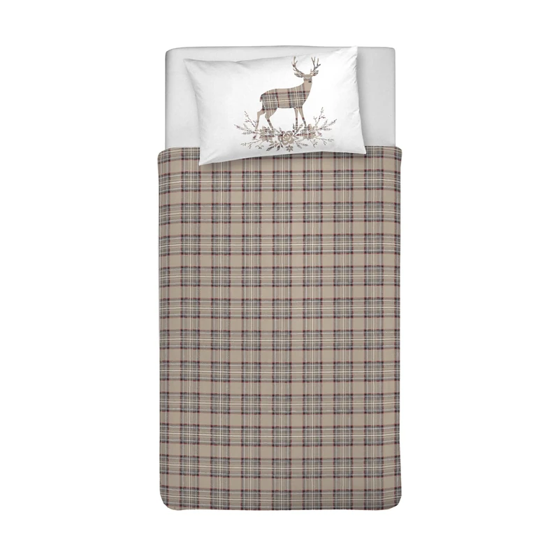 PENSIERI DELICATI Single Duvet Cover Set 100% Cotton, Complete with Bag 155 x 200 cm and 1 Pillowcase 52 x 82 cm, Made in Italy, Duvet Cover Machine Washable At 40 °, Tartan Beige