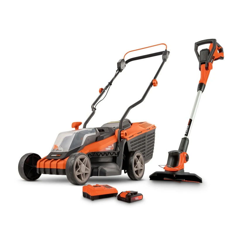 Power Plus POWDPG75565 Electric Lawnmower and Grass Trimmer with 20 V and 340 mm Diameter and Grass Trimmer with 20 V and 240 mm Diameter, Includes Battery and Charger