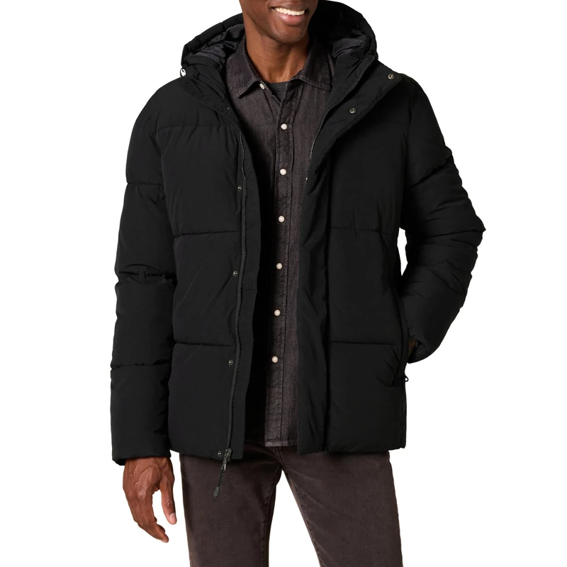 Amazon Essentials Men's Mid-Length Hooded Puffer Coat (Available in Big & Tall), Black, Small