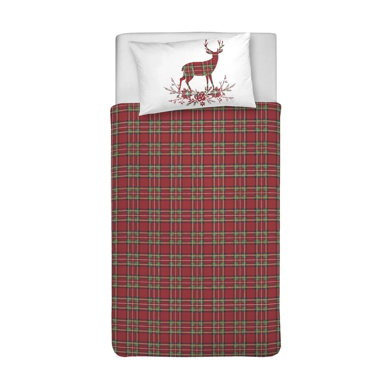 PENSIERI DELICATI Single Duvet Cover Set 100% Cotton, Complete with Bag 155 x 200 cm and 1 Pillowcase 52 x 82 cm, Made in Italy, Duvet Cover Washable In Machine At 40 °, Red Tartan Pattern