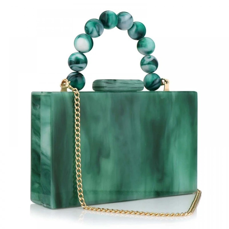 Jessie Acrylic Purses Evening Clutch Bag Marbling Handbags for Women Cross Body Bag with Pearl Chain Formal Wedding Prom Party, Green, One Size