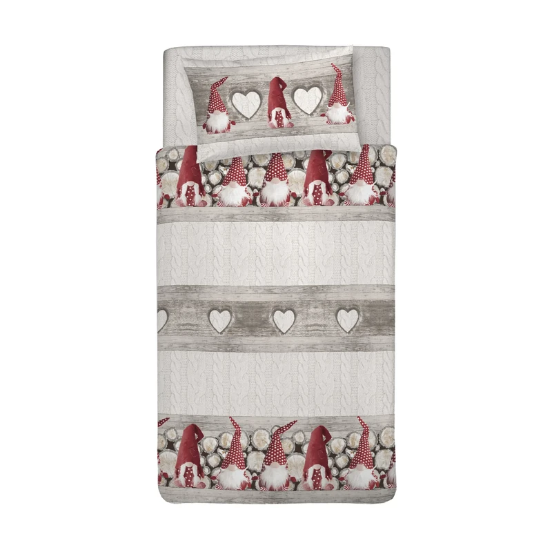 PENSIERI DELICATI Single Duvet Cover Set 100% Cotton, Complete with Bag 155 x 200 cm and 1 Pillowcase 52 x 82 cm, Made in Italy, Duvet Cover Washable In Machine At 40 °, Pattern Gnome Red