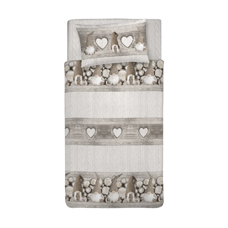 PENSIERI DELICATI Single Duvet Cover Set 100% Cotton, Complete with Bag 155 x 200 cm and 1 Pillowcase 52 x 82 cm, Made in Italy, Duvet Cover Washable In Machine At 40 °, Gnome Pattern Beige