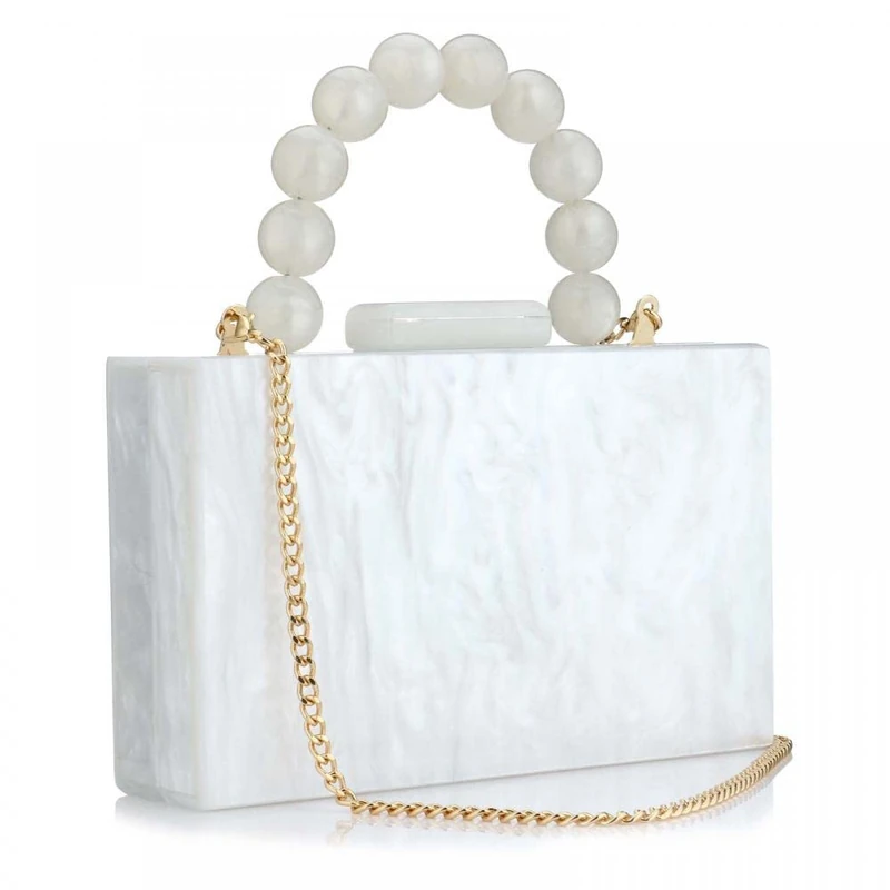 Jessie Acrylic Purses Evening Clutch Bag Marbling Handbags for Women Cross Body Bag with Pearl Chain Formal Wedding Prom Party, White, One Size