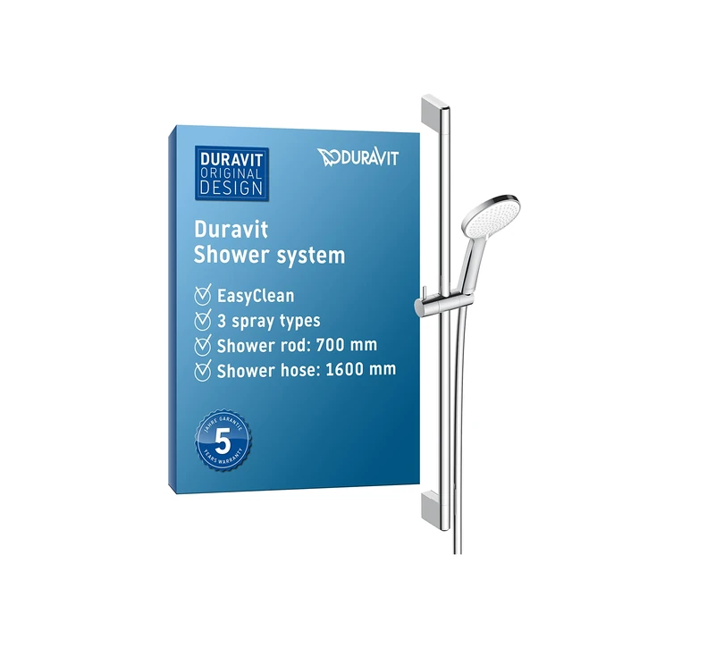 Duravit Universal Shower System, Shower Set with 3jet Types (Rain, Intense Rain, Soft Rain), Shower Rail (700 mm) with Adjustable Shower Holder, Shower Hose with Anti-Twist Protection, Chrome/White