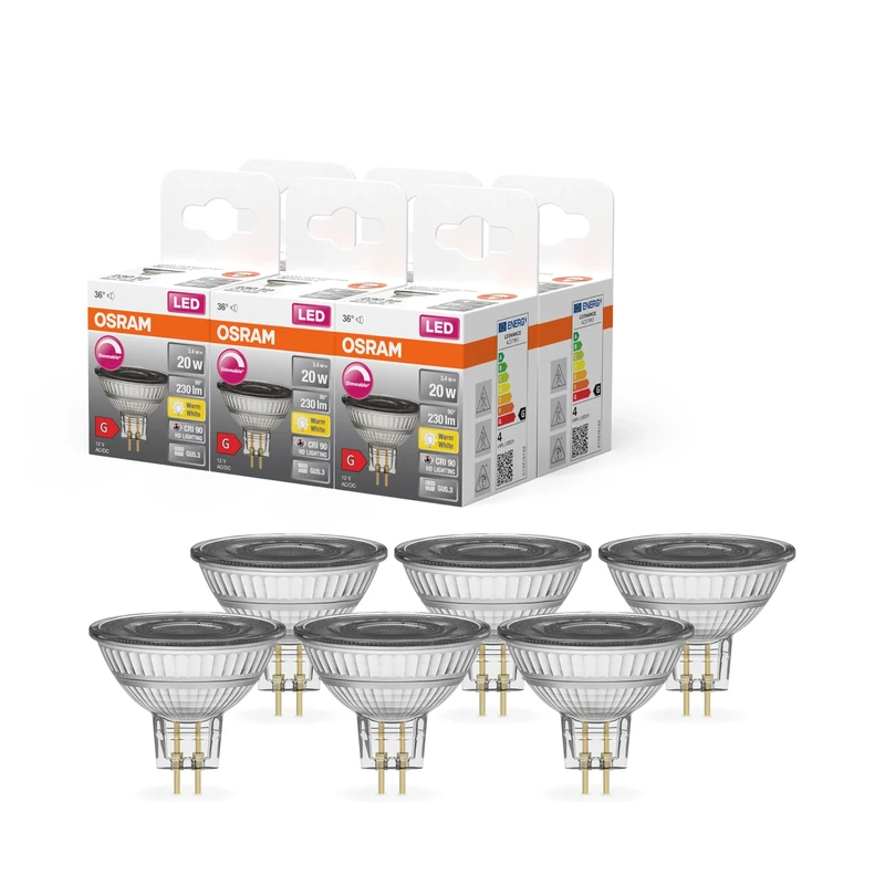 OSRAM Superstar Reflector lamp, GU5.3-Base Clear Glass,Warm White (2700K), 230 Lumen, 20W-Replacement, dimmable, 6-Pack
