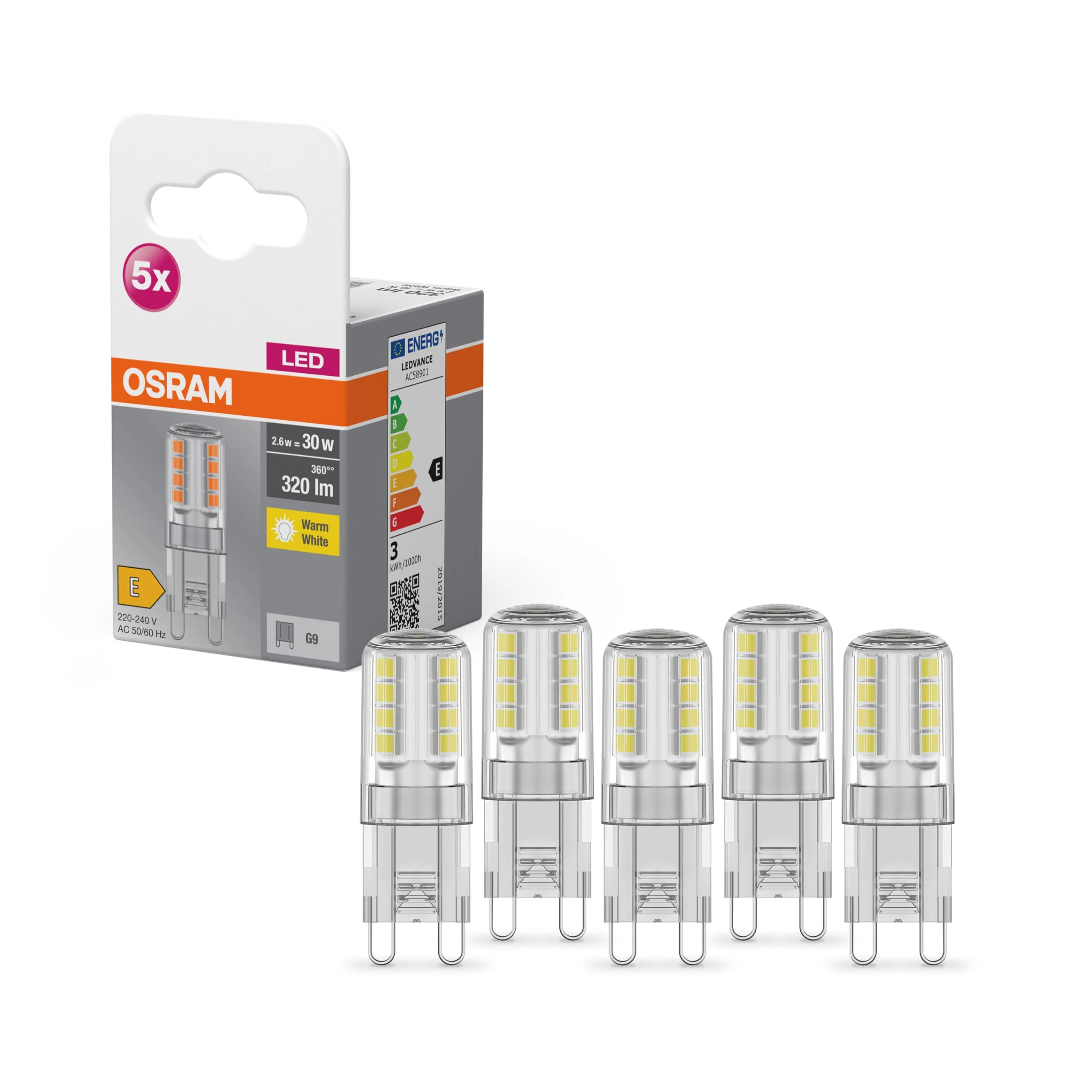 OSRAM Star PIN LED lamp, G9-Base Clear Glass,Warm White (2700K), 320 Lumen, 30W-Replacement, Non-dimmable, 5-Pack