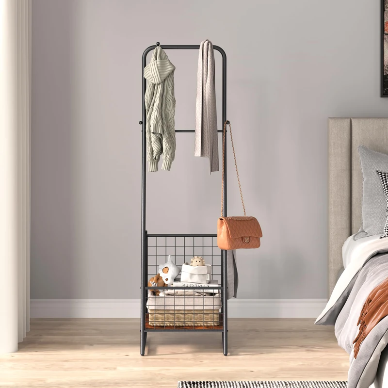 VECELO 157cm Freestanding Coat Rack with Rail & Storage Basket, Hall Tree for Entryway, Hallway, Bedroom