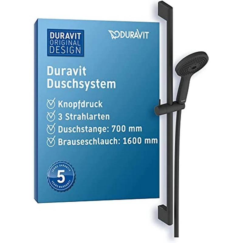 Duravit Universal Shower System, Shower Set with 3jet Types (Rain, Pulse, Mono)), Shower Rail (700 mm) with Adjustable Shower Holder, Shower Hose with Anti-Twist Protection, Black Matt