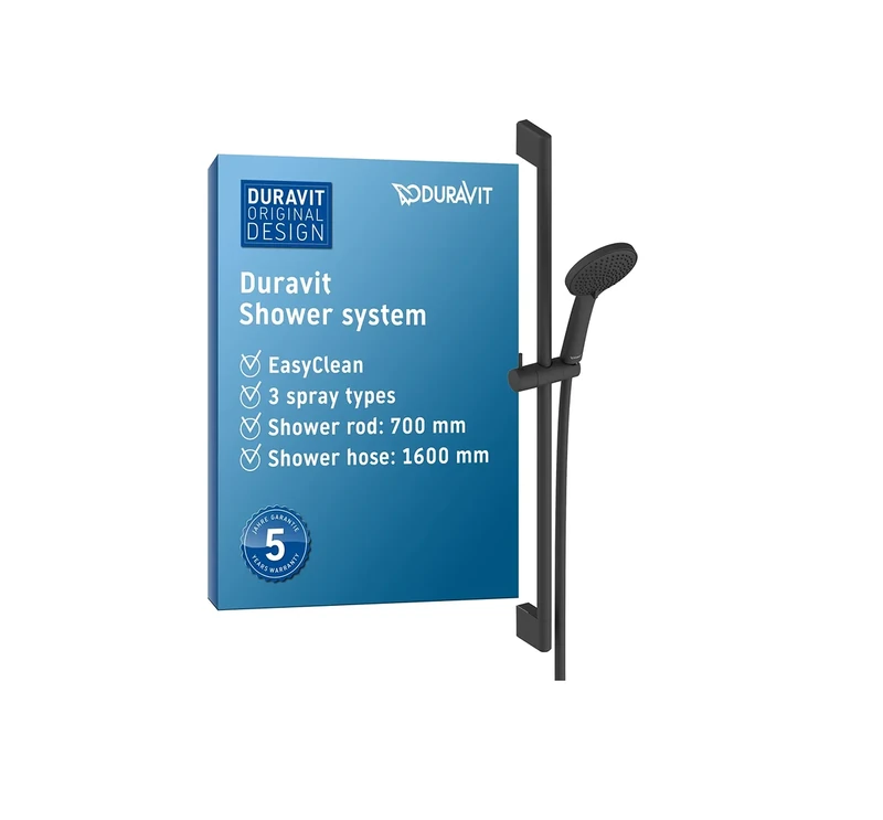 Duravit Universal Shower System, Shower Set with 3jet Types (Rain, Intense Rain, Soft Rain), Shower Rail (700 mm) with Adjustable Shower Holder, Shower Hose with Anti-Twist Protection, Black Matt