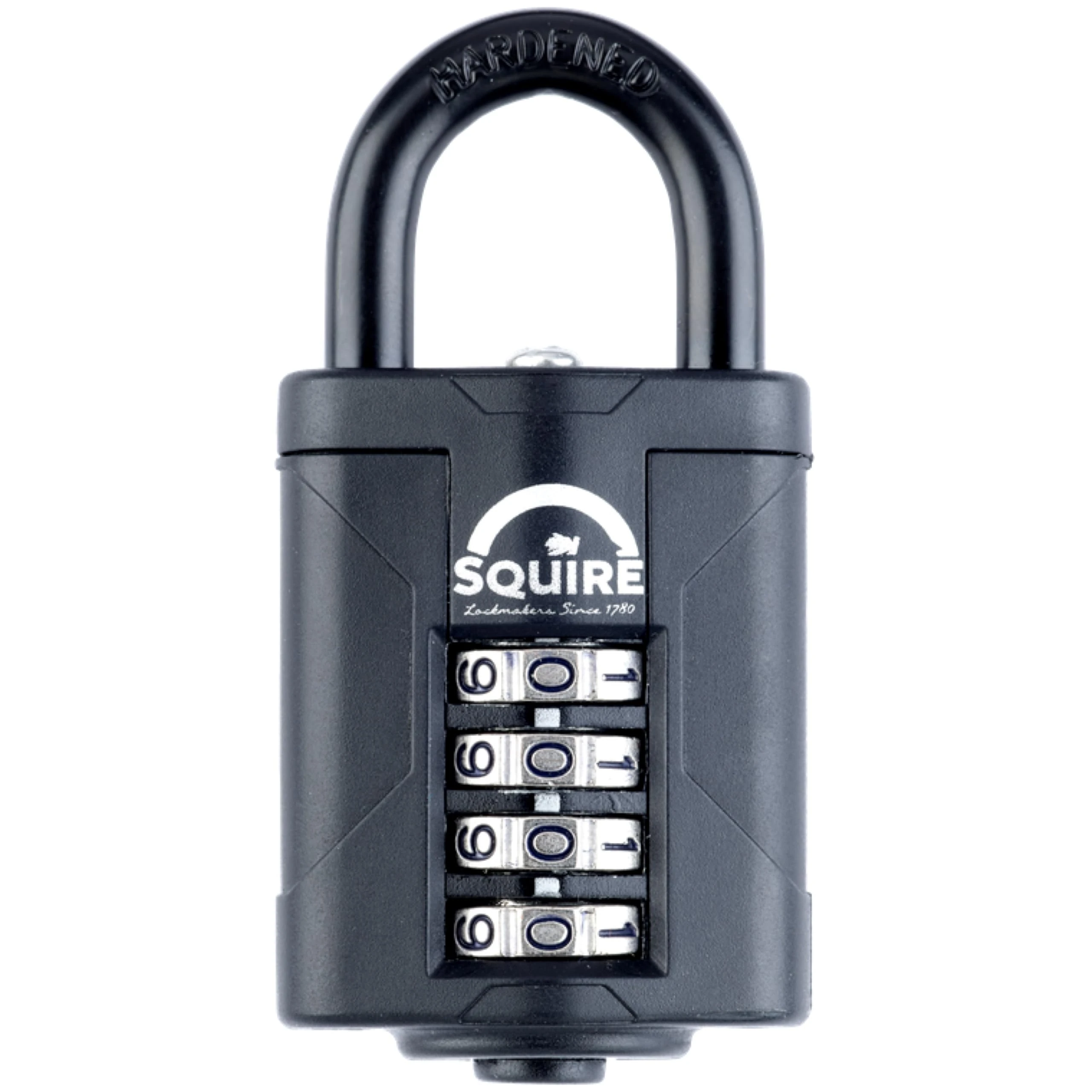 Squire Heavy Duty Padlock (CP40BLACK) - Toughest Steel Shackle - 4 Wheel 40mm Wide Combination Padlock (Black) - Alloy Steel for Corrosion Resistance - Weatherproof Lock for Home, School & Garage