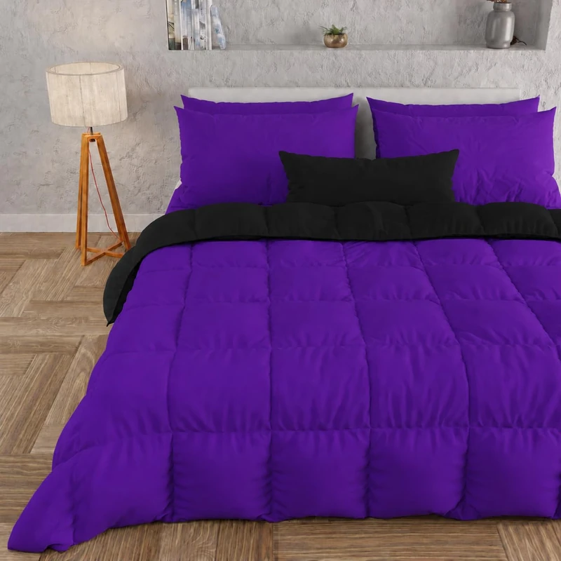 PETTI Artigiani Italiani - Winter Quilt 220x260 cm Small Double, Warm Reversible Double Face Quilt Purple Black, Hypoallergenic Microfibre 300g/m², Soft and Cosy, Made in Italy