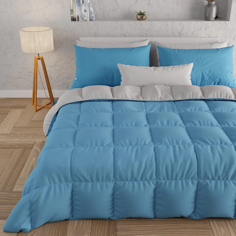 PETTI Artigiani Italiani - Winter Quilt 220x260 cm Small Double, Warm Reversible Double Face Quilt Light Blue Grey, Hypoallergenic Microfibre 300g/m², Soft and Cosy, Made in Italy