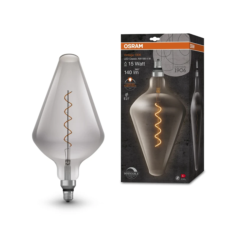OSRAM Vintage 1906 Smoke Tinted LED lamp, 4W, 140lm, Tapered Shape with 193mm Diameter & E27 Base, Warm White Light, dimmable Filament, Life of up to 15,000 Hours