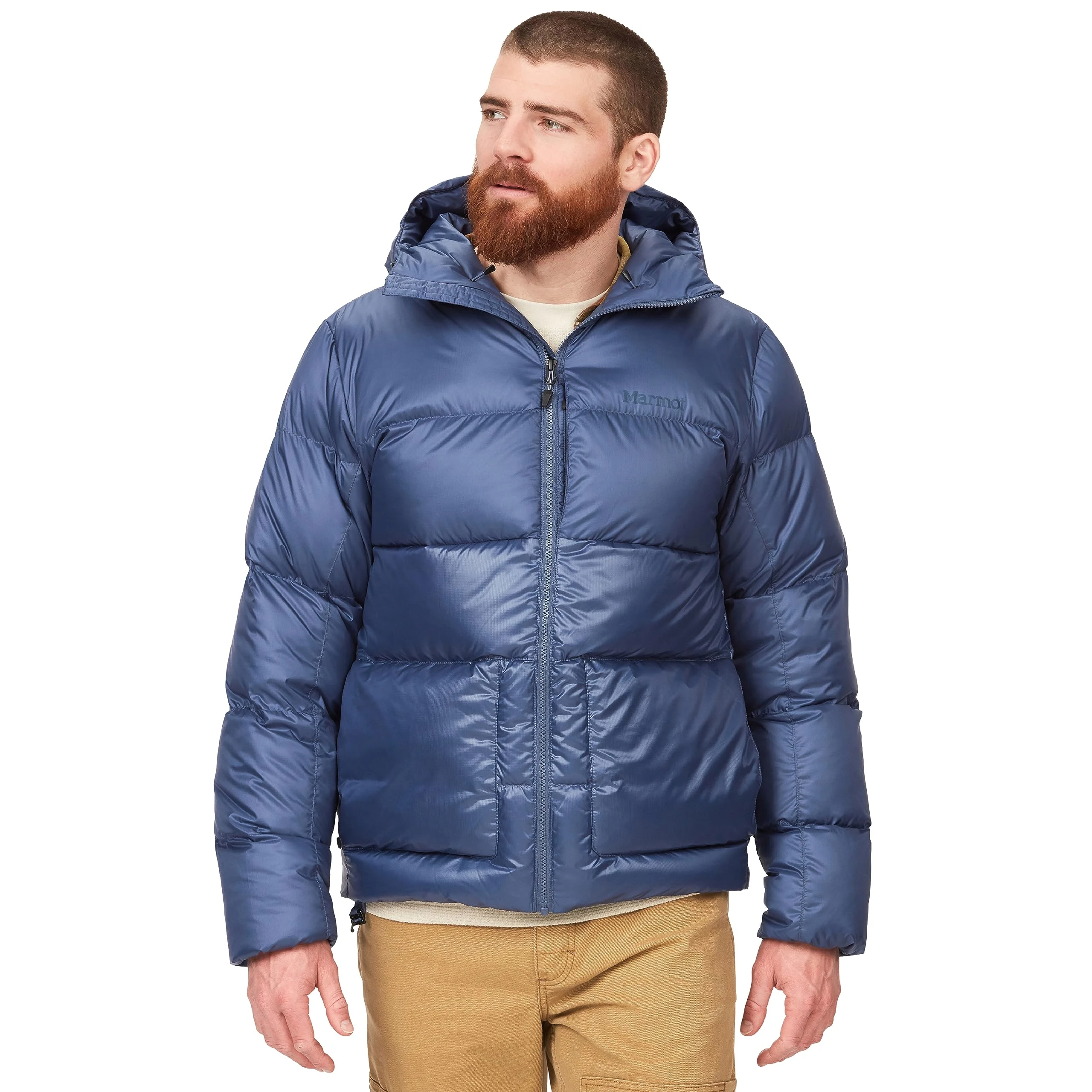 Marmot Men's Guides Down Hoody, Lightweight down jacket, warm winter puffy, water-repellent quilted coat, windproof functional jacket, packable outdoor jacket with hood, Storm, L