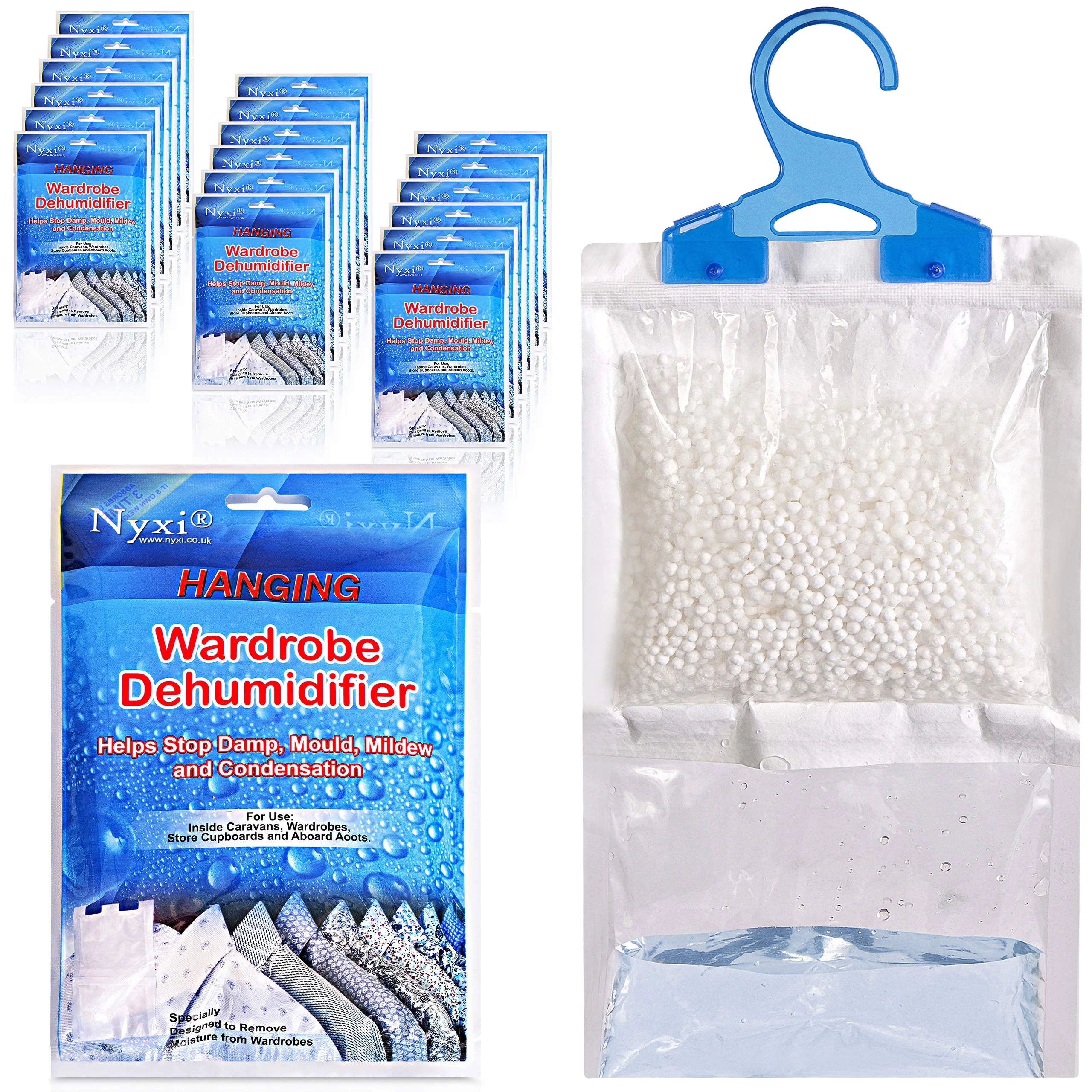 Nyxi Set of 100 Hanging Interior Wardrobe Dehumidifier - 230g Each Bag - Ideal to stop damp, mould mildew & condensation- For Wardrobe, Home, Kitchen, Garage, Bedroom, Caravan, Office, Basement etc
