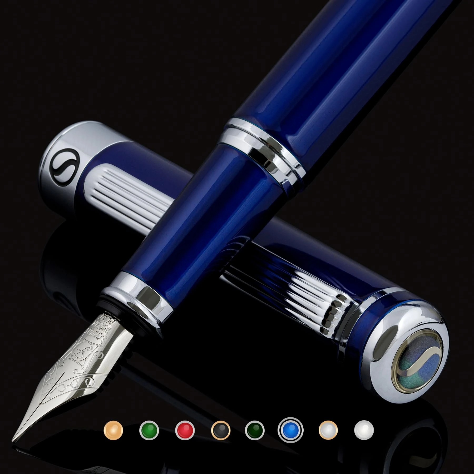 Scriveiner Blue Lacquer Fountain Pen Stunning Pen with Chrome Finish, Schmidt Nib (Fine), Best Pen Gift Set for Men & Women, Professional, Executive, Office, Nice Pens