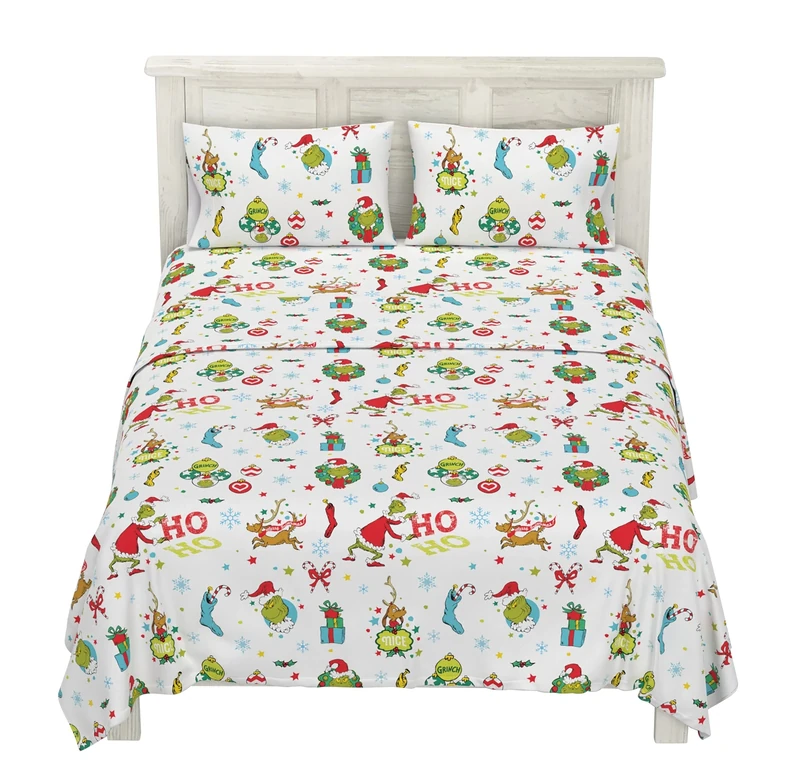 Franco Grinch by Dr. Seuss Holiday & Christmas Bedding Super Soft Flannel Sheet Set, Queen, (Official Dr. Seuss Product)