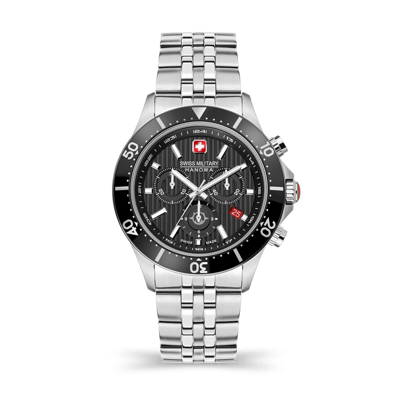 Swiss Military Hanowa Flagship X Chrono Men's Watch with Genuine Leather Strap or Stainless Steel Strap 10 ATM Sapphire Glass, Silver, One Size, Bracelet