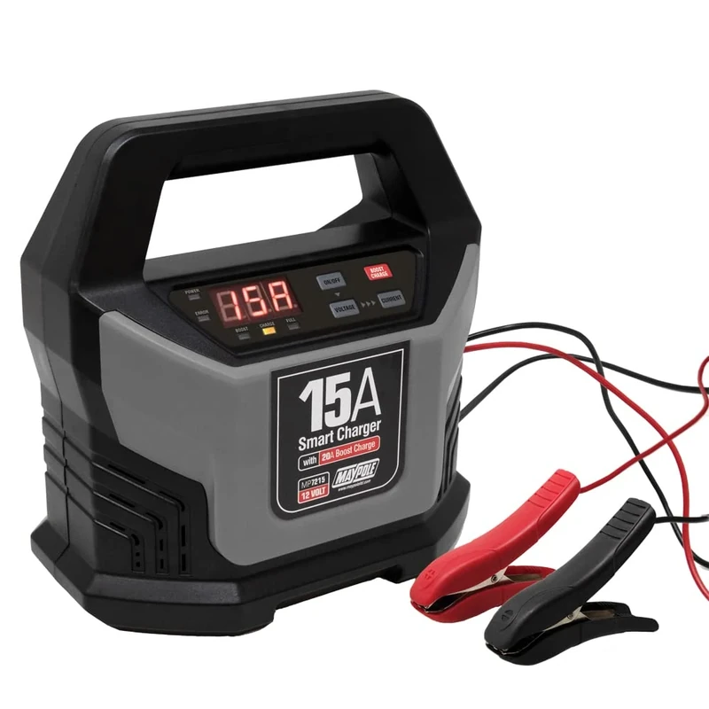 Maypole 15A 12V Electronic Smart Car Battery Charger Fully Automatic 400Ah 8 Stage Charging Lead Acid AGM GEL Car Van Caravan Motorhome Tractor