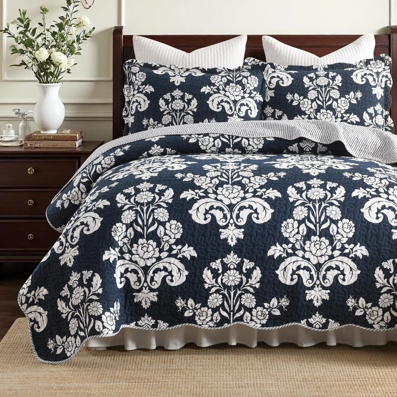 Qiqiong 100% Cotton Navy Blue Floral King Quilt Set with 2 Pillow Shams