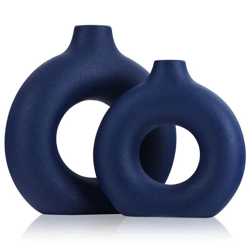 Navy Blue Ceramics Vase for Home Decor,Minimalist Nordic Hollow Donut Vase Set of 2,Modern Navy Blue Decor for Kitchen Table Centerpiece,Living Room,Fire Place,Bookshelf,Office,Entryway,Console