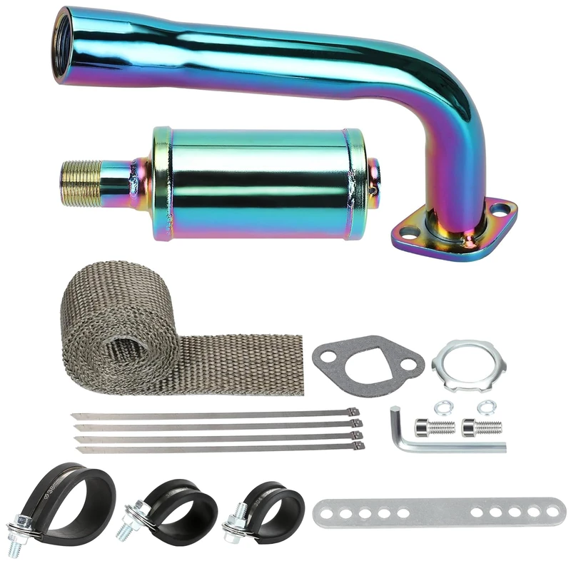 FVRITO Thickened Colorful Exhaust Header Pipe Muffler with Heat Shield Tape Kit for Non Hemi 6.5HP Predator 212cc 196cc GX160 GX200 Coleman CT200u BT200X KT196 Baja MB200 Clone Go Kart Mini Bike Parts