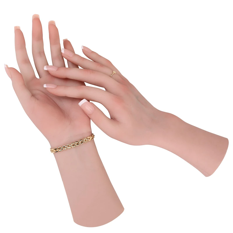 MOTLEYBEAN Realistic Silicone Female Hand Life Size Female Model Hand for Showing Jewelry Pranksters Halloween Props Photography Props (Nude,Right Hand-with Skeleton)
