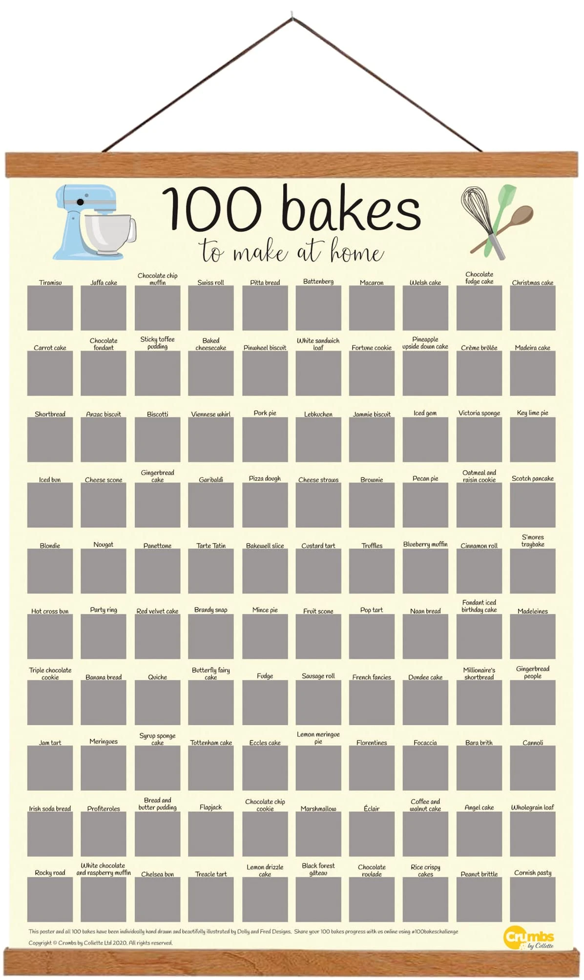 Crumbs by Collette 100 Bakes Scratch Off Poster - a Bucket List for Home Bakers - A3 (297 x 420 mm) with 12" Magnetic Hanger