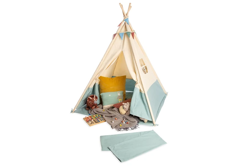 PINOLINO Teepee Tent for Children - Yuma Play Tent | Indian Tent with Window, Floor Mat & Garland, 120 x 120 x 155 cm, Quick Assembly, Natural White/Pastel Blue