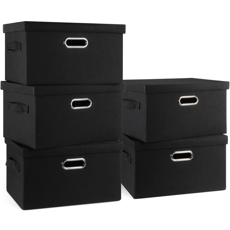 Graciadeco Medium 15" 21 Quart Collapsible Stackable Storage Bins with Lids, 5 Packs Black Foldable Fabric Closet Storage Boxes with Lids, Lidded Heavy-duty Linen Baskets(15x11x8)