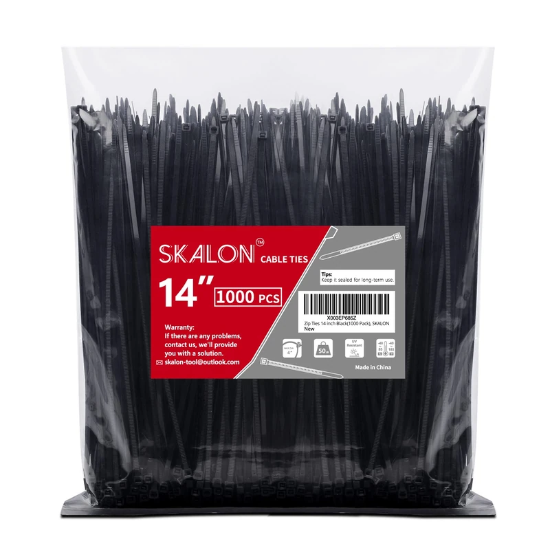 Zip Ties 14 inch (1000 Pack), Black, 50lb Tensile Strength, UV Resistant Cable Ties for Indoor and Outdoor by SKALON