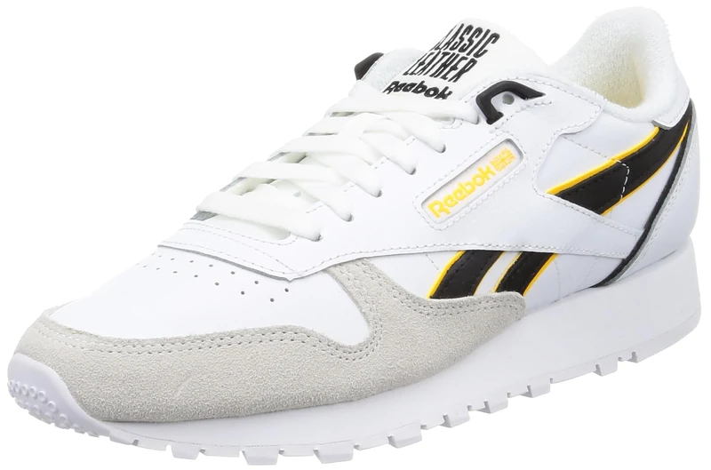 Reebok Men Classic Leather Sneaker, FTWR White/Black/Always Yellow, 4.5