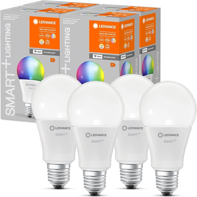 LEDVANCE Smart+ WiFi LED lamp, Frosted Look, 9.5W, 1055lm, Classic Bulb Shape with E27 Base, Color Light and White Light, app or Voice Control, Life of up to 20,000HR, Pack of 4
