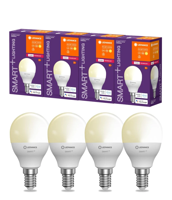LEDVANCE Smart LED lamp with ZigBee Technology, E14-base matt Optics,Warm White (2700K), 470 Lumen, 40W-Replacement, Smart dimmable, 4-Pack