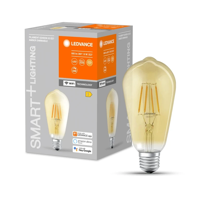 LEDVANCE Smart LED lamp with WiFi Technology, E27-base Golden Glass ,Warm White (2400K), 680 Lumen, 53W-Replacement, Smart dimmable, 4-Pack
