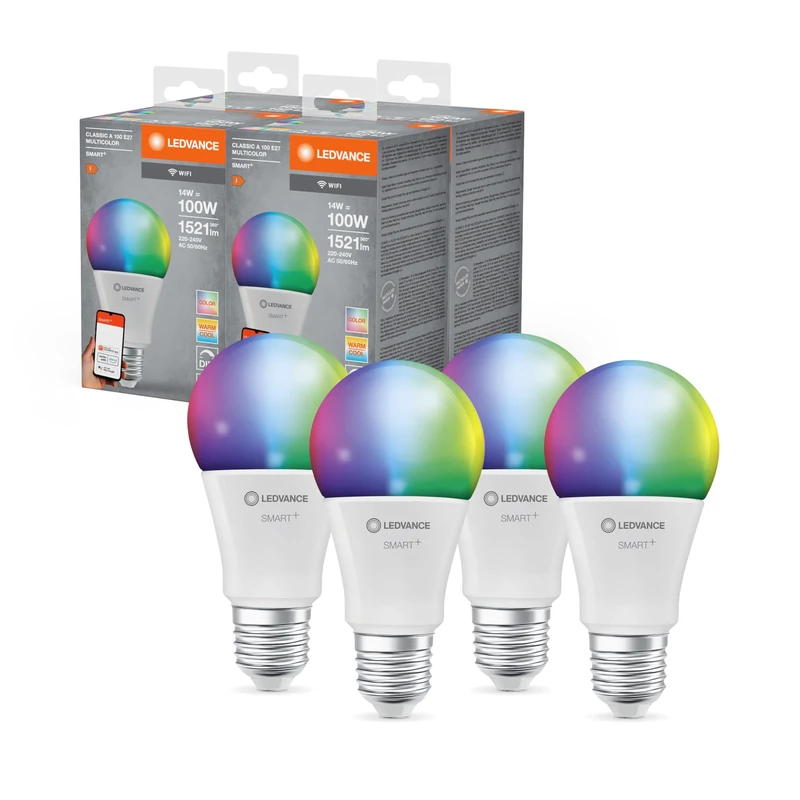 LEDVANCE Smart+ WiFi LED lamp, Frosted Look, 14W, 1521lm, Classic Bulb Shape with E27 Base, Color Light and White Light, app or Voice Control, Life of up to 20,000HR, Pack of 4