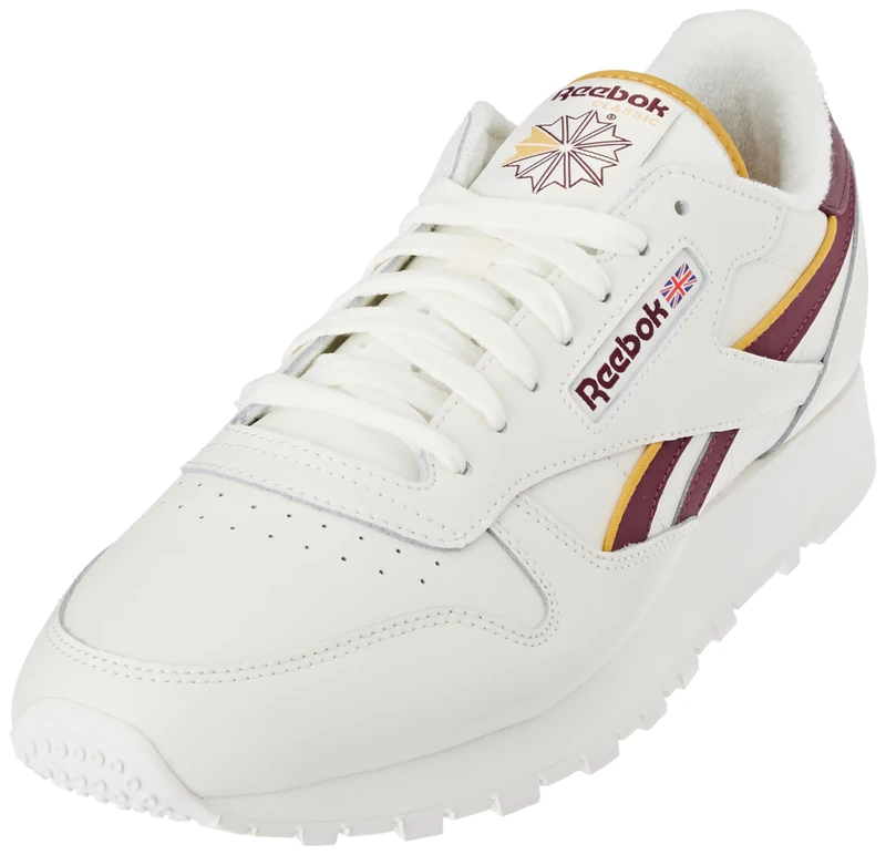 Reebok Men Classic Leather Sneaker, Chalk/Classic Maroon F23/Retro Gold F23-R, 2.5