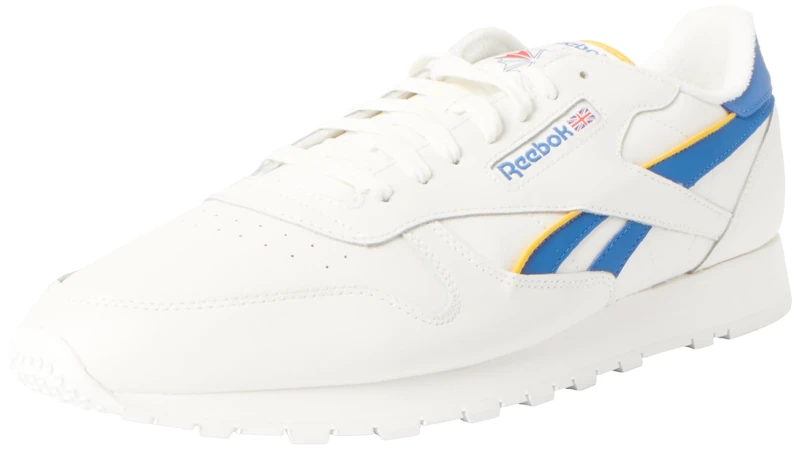 Reebok Men Classic Leather Sneaker, Chalk/Vector Blue/Collegiate Gold, 7.5
