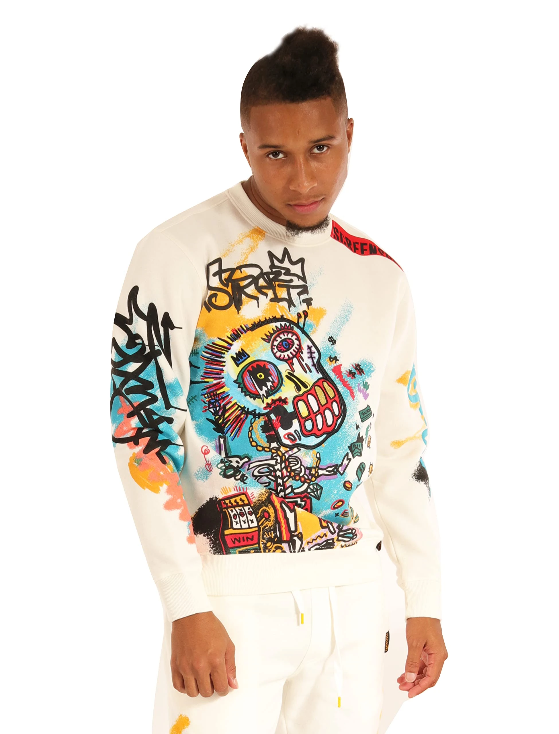 SCREENSHOT Mens Urban NYC Graffiti Hip Hop Fleece Pullover Active Fashion Crew Neck Sweatshirt Top, F11264-cream, XL