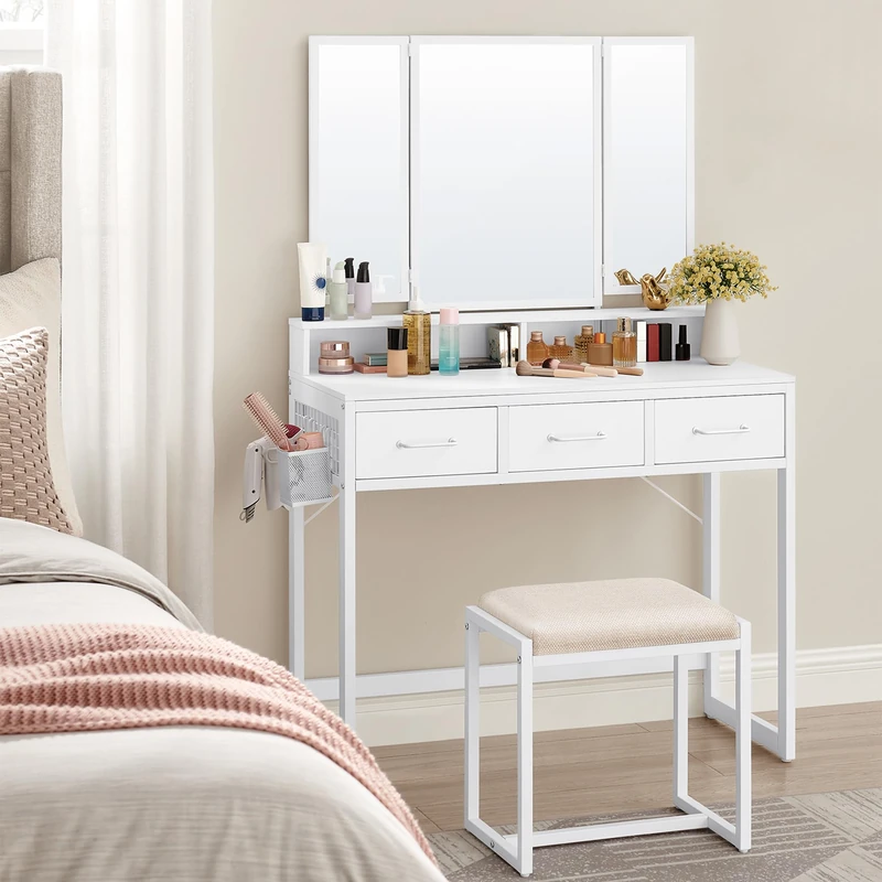VASAGLE Dressing table with padded stool, vanity table with triple mirror, 3 drawers, hair dryer holder, cosmetic, modern style, white, RVT004W14
