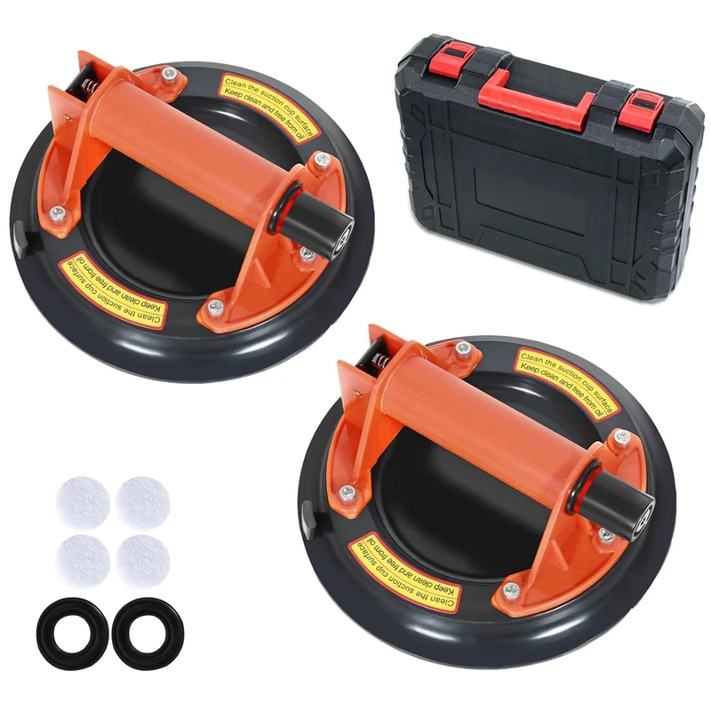 Glass Suction Cups to Lift Large Glass/Granite/Tile/Window 8.2 Inches, 468 Pounds Load Capacity, Vacuum Suction Cup Industrial Grade Heavy Duty Lifter for Moving Object, Orange, Carrying Case, 2 Pack